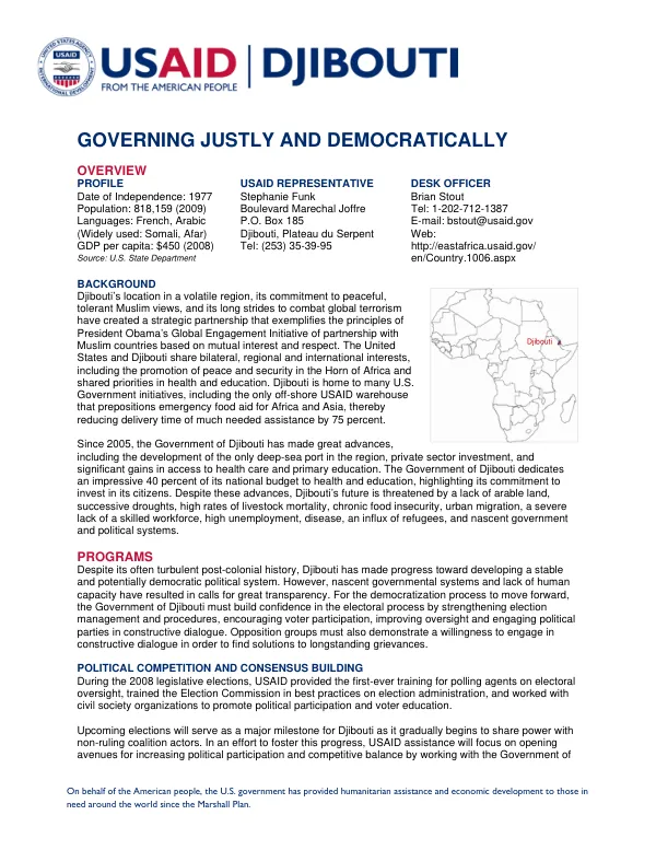 USAID Africa: Djibouti: GOVERNING JUSTLY AND DEMOCRATICALLY