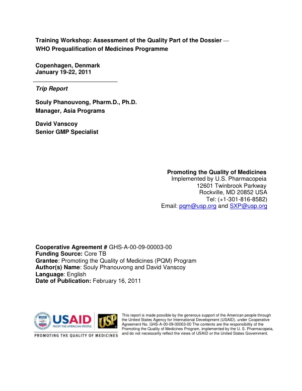 Training Workshop: Assessment of the Quality Part of the Dossier –– WHO Prequalification of Medicines Programme