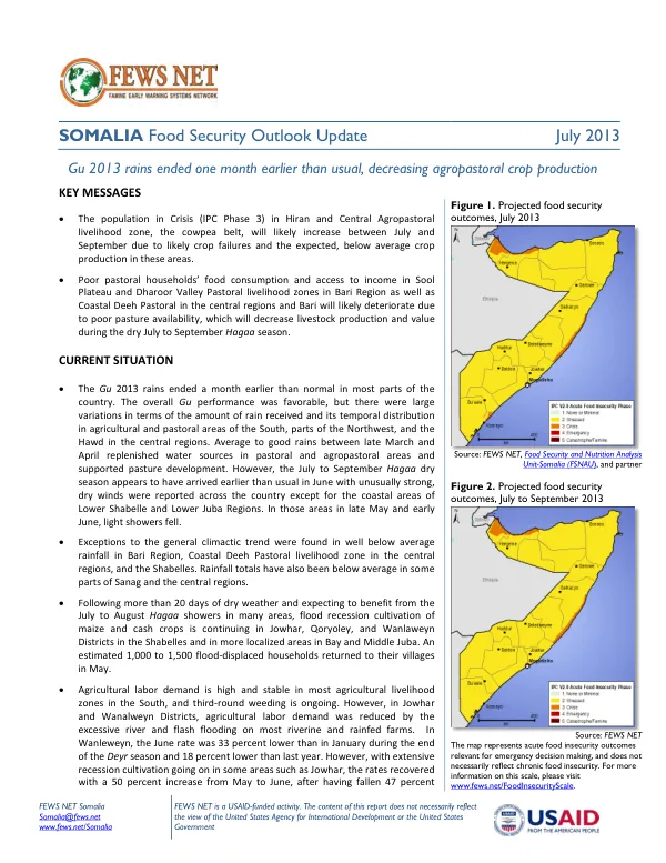 Somalia food security outlook update, July 2013