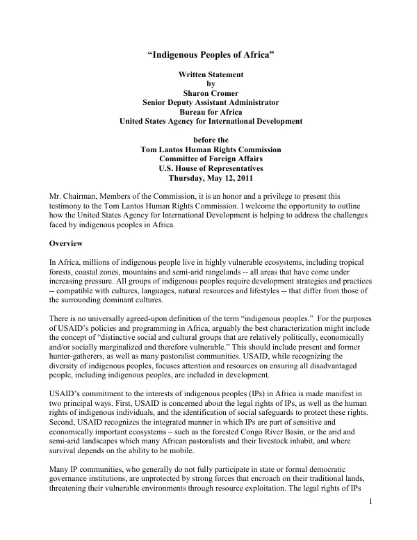 Written Statement by Sharon Cromer on Indigenous Peoples of Africa