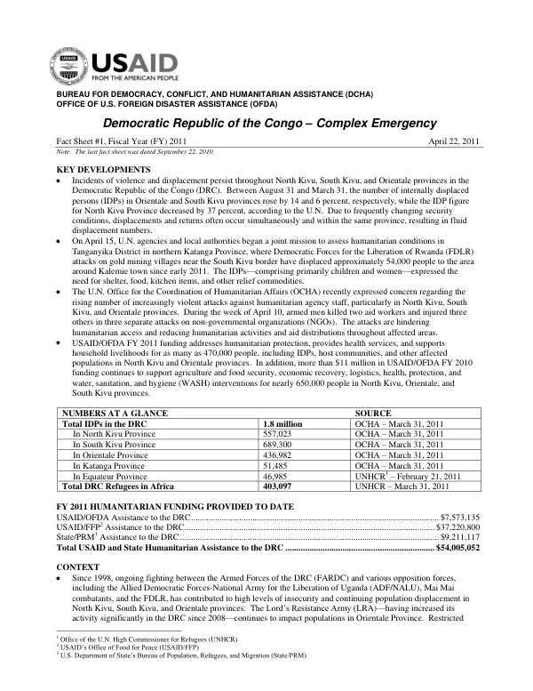 USAID/OFDA Democratic Republic of Congo Complex Emergency Fact Sheet #1