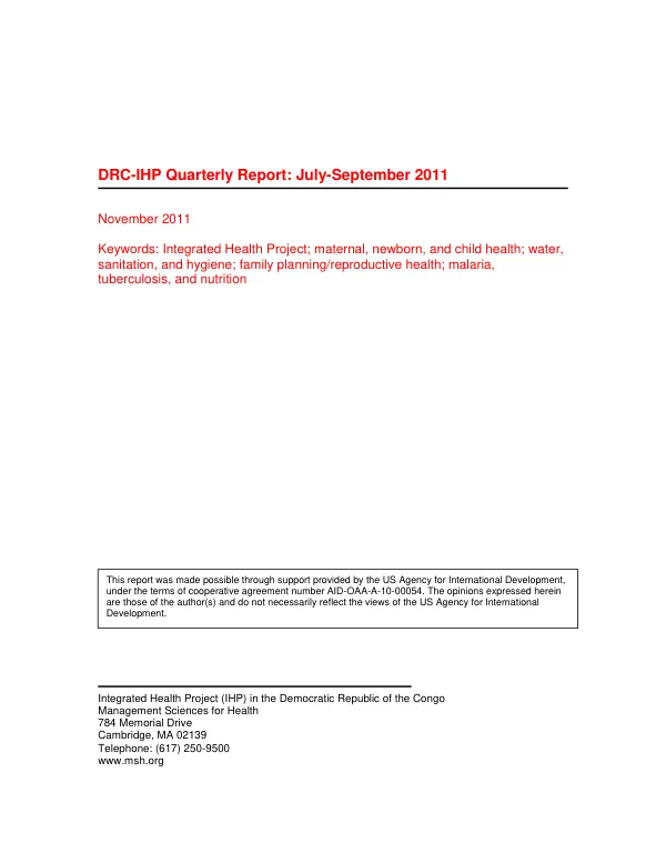 DRC-IHP Year 1/Fourth Quarter Report July – September 2011