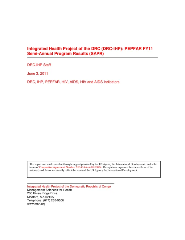 Integrated Health Project of the DRC (DRC-IHP): PEPFAR FY11 Semi-Annual Program Results (SAPR)