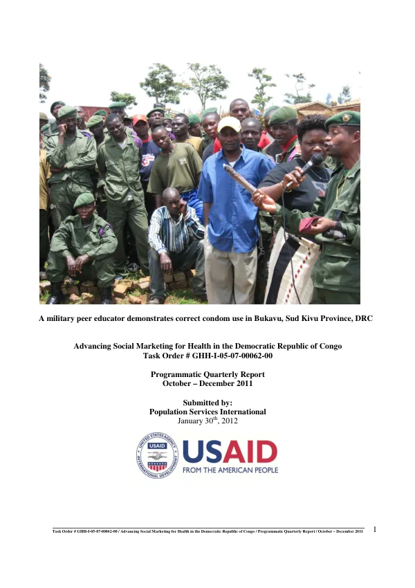 Advancing Social Marketing for Health in the Democratic Republic of Congo: Programmatic Quarterly Report October – December 2011