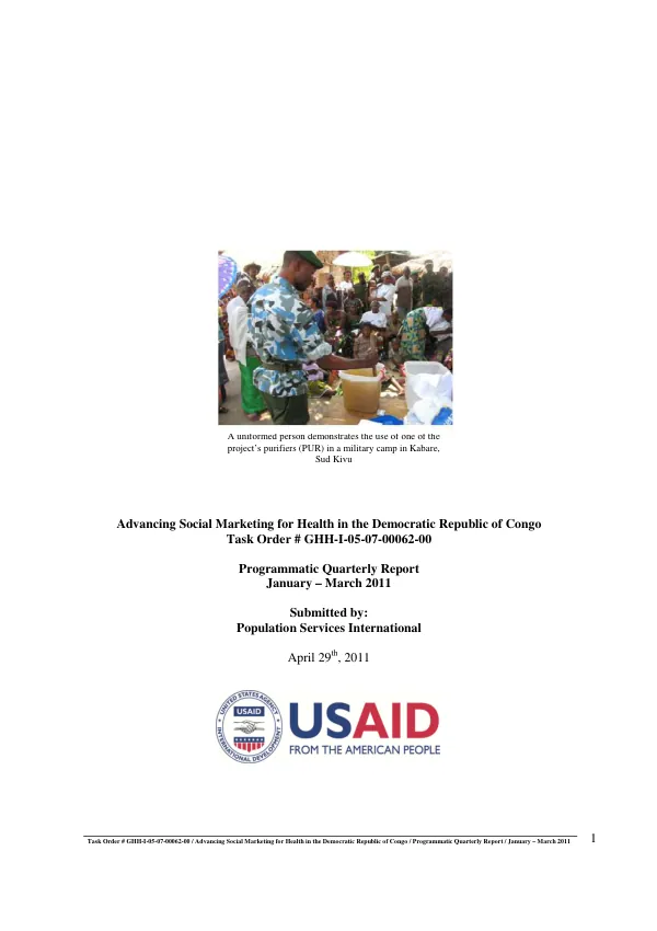 Advancing Social Marketing for Health in the Democratic Republic of Congo: Programmatic Quarterly Report January – March 2011