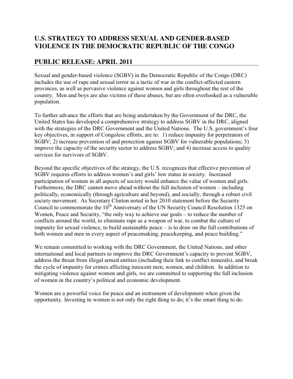 U.S. Strategy to Address Sexual and Gender-Based Violence in the Democratic Republic of the Congo