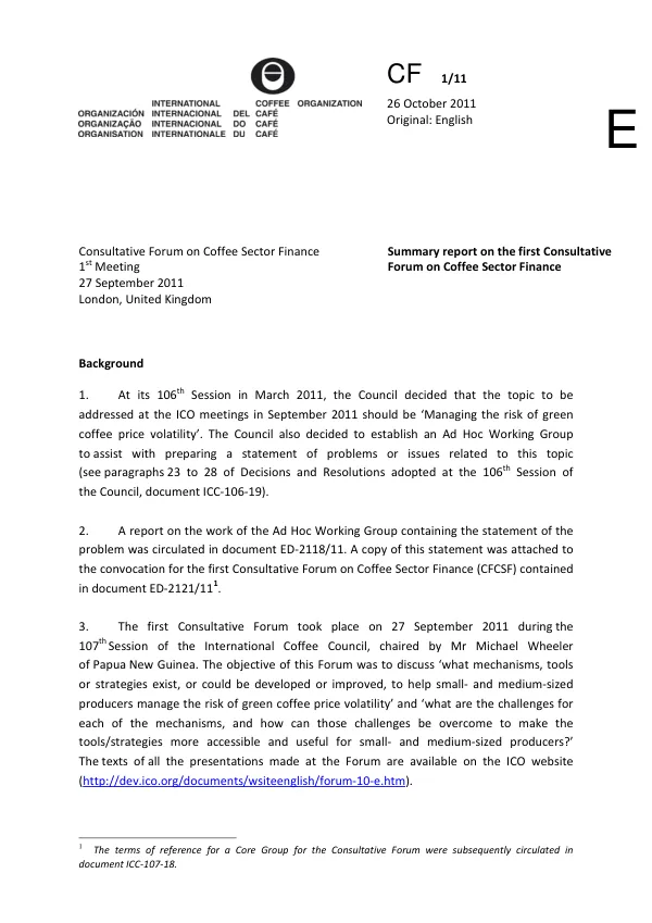 Summary Report on the First Consultative Forum on Coffee Sector Finance