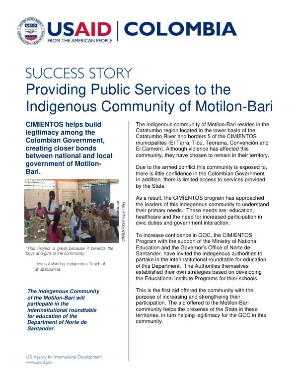 Providing Public Services to the Indigenous Community of Motilon-Bari