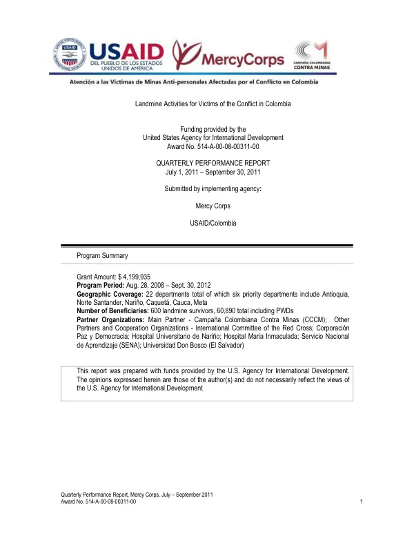 Quarterly Performance Report, Mercy Corps, July – September 2011