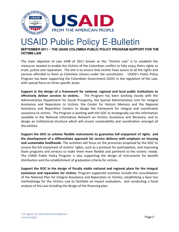 USAID Public Policy E-Bulletin: Support for the Victims Law