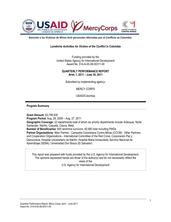 Quarterly Performance Report, Landmine Activities for Victims of the Conflict in Colombia