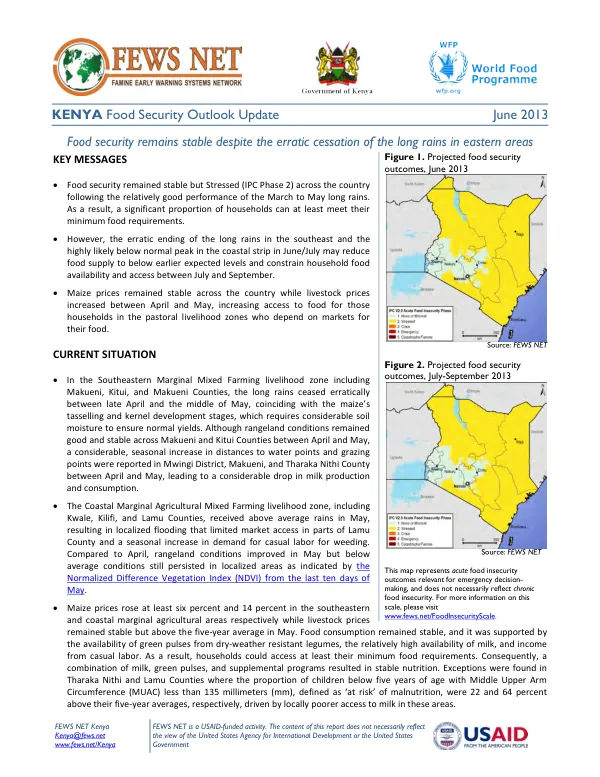 Kenya food security outlook update, June 2013