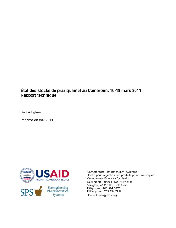 Évaluation de l’état des stocks de PZQ au Cameroun, 10-19 mars 2011 : Rapport technique