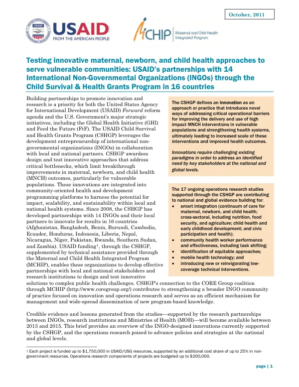 USAID’s Child Survival & Health Grants Program: Innovations for Results in 16 Countries