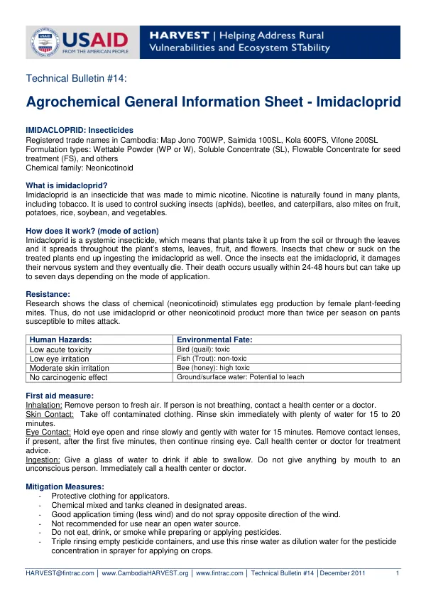 Technical Bulletin #14: Agrochemical General Information Sheet - Imidacloprid