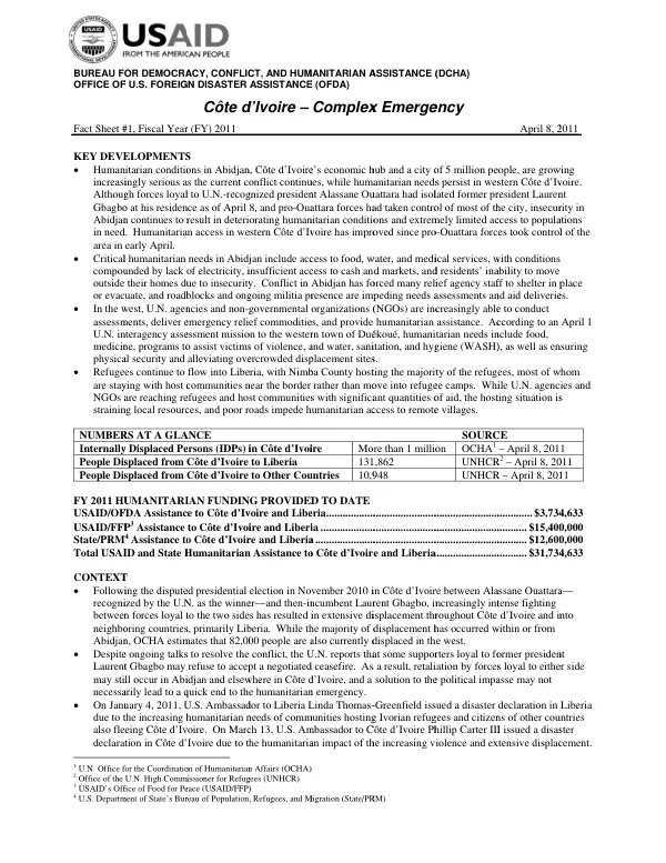 Côte d'Ivoire Complex Emergency Fact Sheet #1