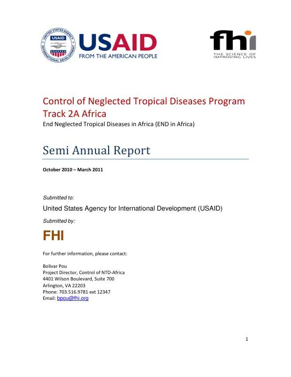 Semi Annual Report: Control of Neglected Tropical Diseases in Africa (END in Africa)
