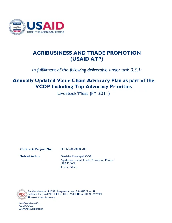 Annually Updated Value Chain Advocacy Plan as part of the VCDP Including Top Advocacy Priorities Livestock/Meat (FY 2011)