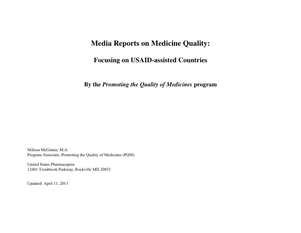 A Matrix of Drug Quality Reports on USAID-assisted Countries