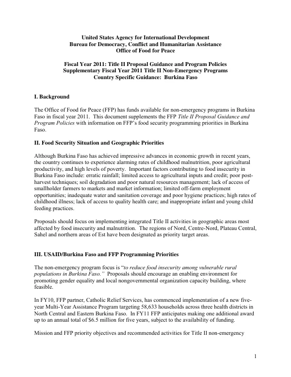 Fiscal Year 2011: Title II Proposal Guidance and Program Policies Supplementary Fiscal Year 2011 Title II Non-Emergency Programs Country Specific Guidance: Burkina Faso