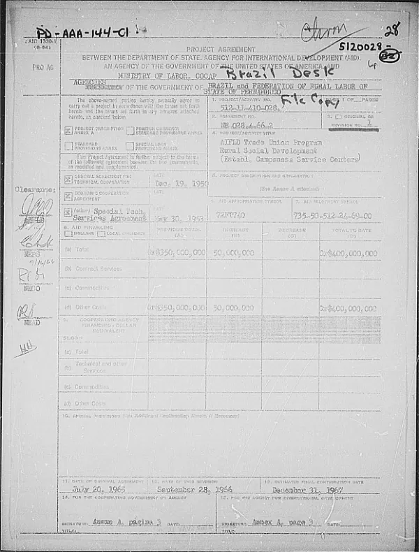 PROJECT AGREEMENT BETWEEN THE DEPARTMENT OF STATE OF THE GOVERNMENT OF THE UNITED STATES OF AMERICA AND THE MINISTRY OF LABOR, COORDINATION AND DEVELOPMENT OF THE REPUBLIC OF BRAZIL FOR THE AIM TRADE UNION PROGRAM