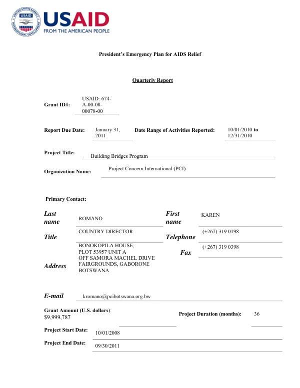 President’s Emergency Plan for AIDS Relief Quarterly Report