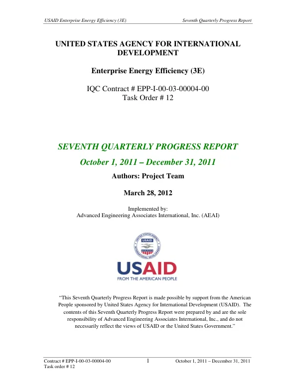 Seventh Quarterly Progress Report: Enterprise Energy Efficiency (3E)
