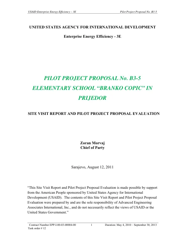 Site Visit Report and Pilot Project Proposal Evaluation for Elementary School 'Branko Ćopić' in Prijedor