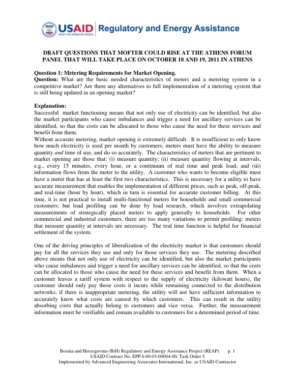 Bosnia and Herzegovina (BiH) Regulatory and Energy Assistance Project (REAP)