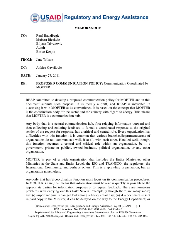 Bosnia and Herzegovina (BiH) Regulatory and Energy Assistance Project (REAP) Proposed Communication Policy