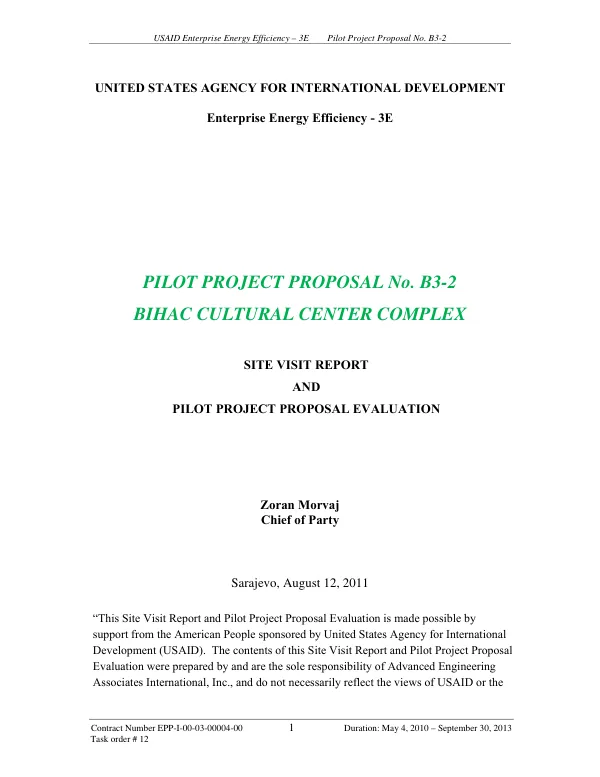 USAID Enterprise Energy Efficiency – 3E Pilot Project Proposal No. B3-2 Bihac Cultural Center Complex Site Visit Report and Pilot Project Proposal Evaluation