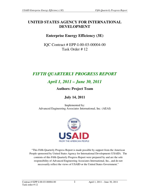 USAID Enterprise Energy Efficiency (3E) Fifth Quarterly Progress Report