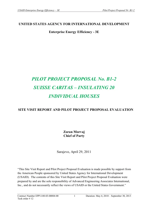 Pilot Project Proposal Nr. B1-2: SUISSE CARITAS – INSULATING 20 INDIVIDUAL HOUSES