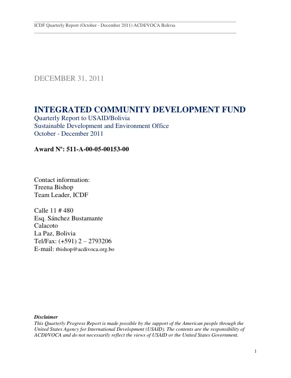 ICDF Quarterly Report (October – December 2011) ACDI/VOCA Bolivia