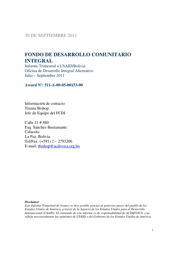 FCDI Informe Trimestral (Julio - Septiembre 2011) ACDI/VOCA Bolivia