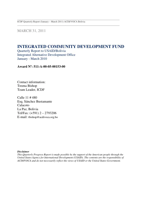 ICDF Quarterly Report (January – March 2011) ACDI/VOCA Bolivia