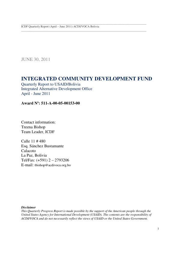 ICDF Quarterly Report (April – June 2011) ACDI/VOCA Bolivia
