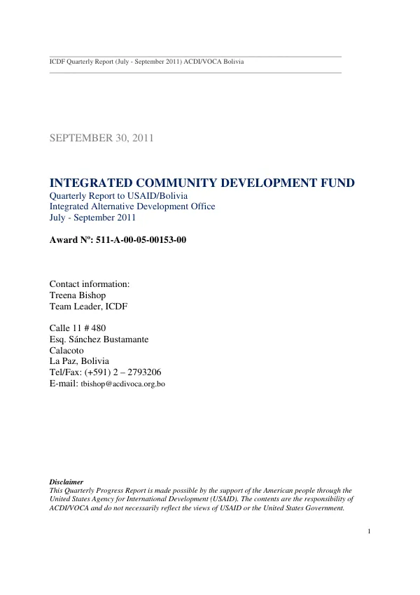 ICDF Quarterly Report (July - September 2011) ACDI/VOCA Bolivia