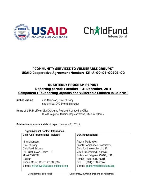 Community Services to Vulnerable Groups: Quarterly Program Report October – December 2011