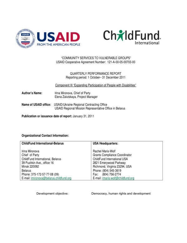 Community Services to Vulnerable Groups: Expanding Participation of People with Disabilities Quarterly report October-December 2011