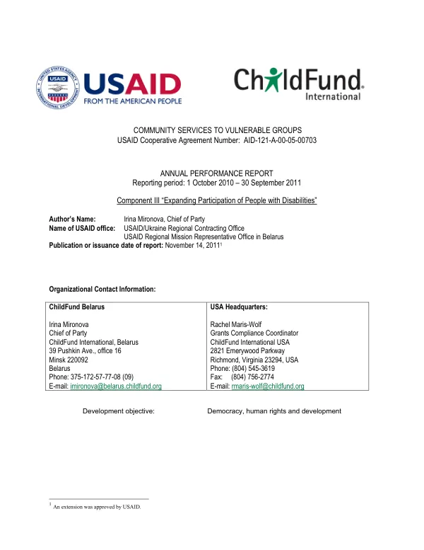 Community Services to Vulnerable Groups: Expanding Participation of People with Disabilities Final Report October 2010 – September 2011