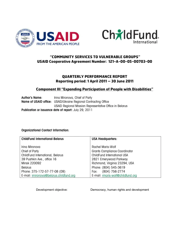 Community Services to Vulnerable Groups: Expanding Participation of People with Disabilities Quarterly report April-June 2011