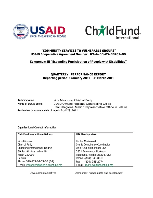 Community Services to Vulnerable Groups: Expanding Participation of People with Disabilities Quarterly report January-March 2011