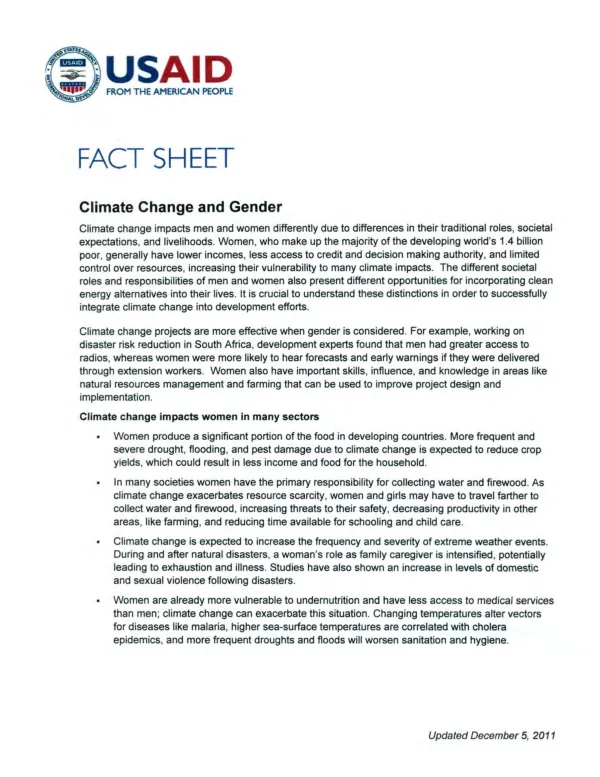 US Agency for International Development (USAID) FACT SHEET: Climate Change and Gender, 2011