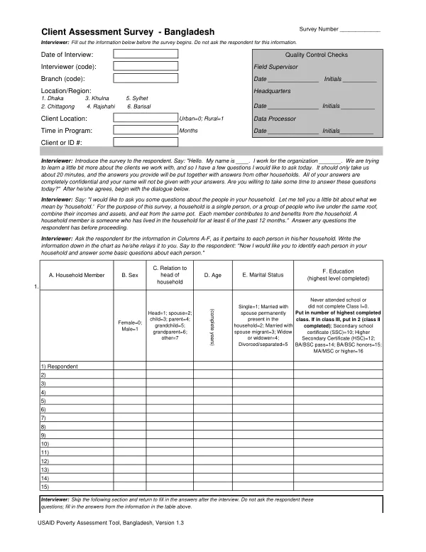 USAID Poverty Assessment Tool, Bangladesh, Version 1.3