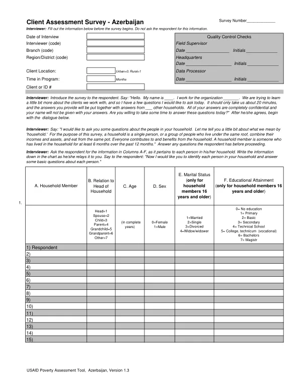 USAID Poverty Assessment Tool, Azerbaijan, Version 1.3