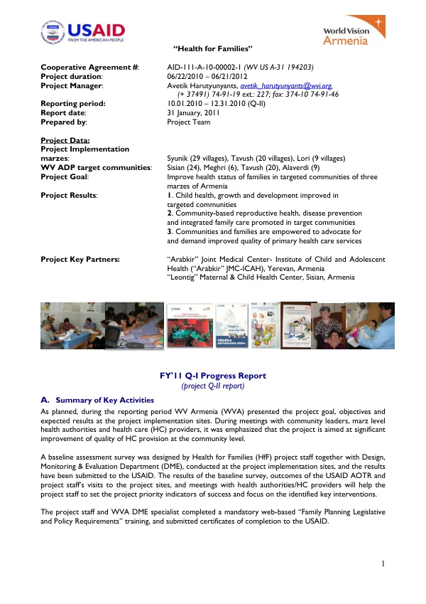 Health for Families FY'11 Q-I Progress Report (project Q-II report)