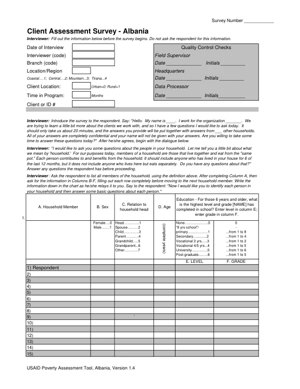 USAID Poverty Assessment Tool, Albania, Version 1.4