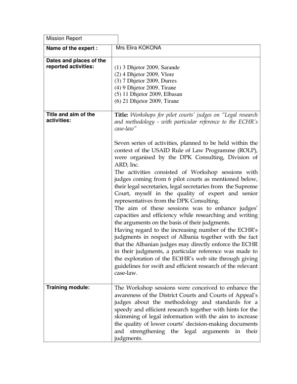 Mission Report: Workshops for Pilot Courts' Judges on Legal Research and Methodology
