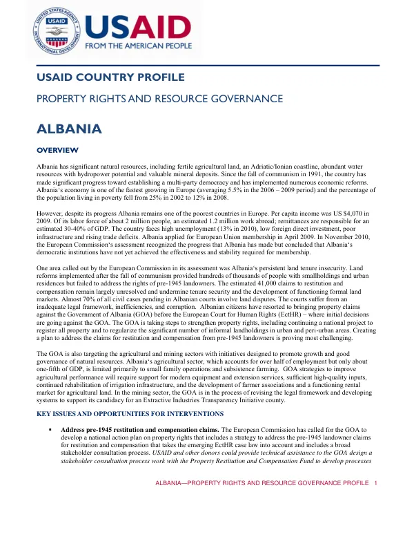 Albania—Property Rights and Resource Governance Profile